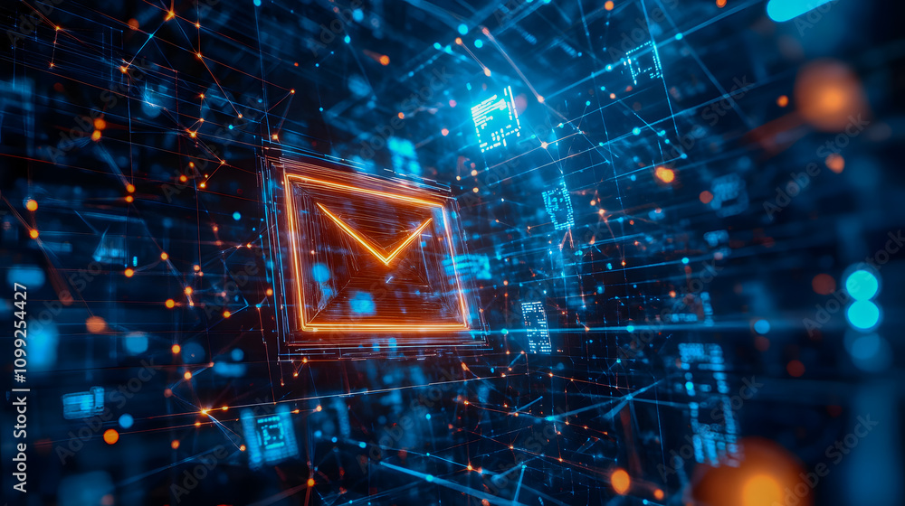 Poster futuristic digital email icon surrounded by abstract data and technology elements in a blue and oran