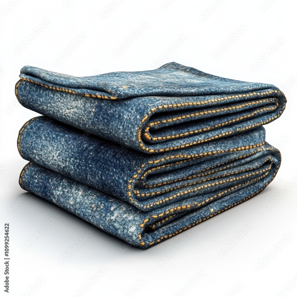 Poster a neatly folded stack of denim fabric showcasing its texture and stitching details.