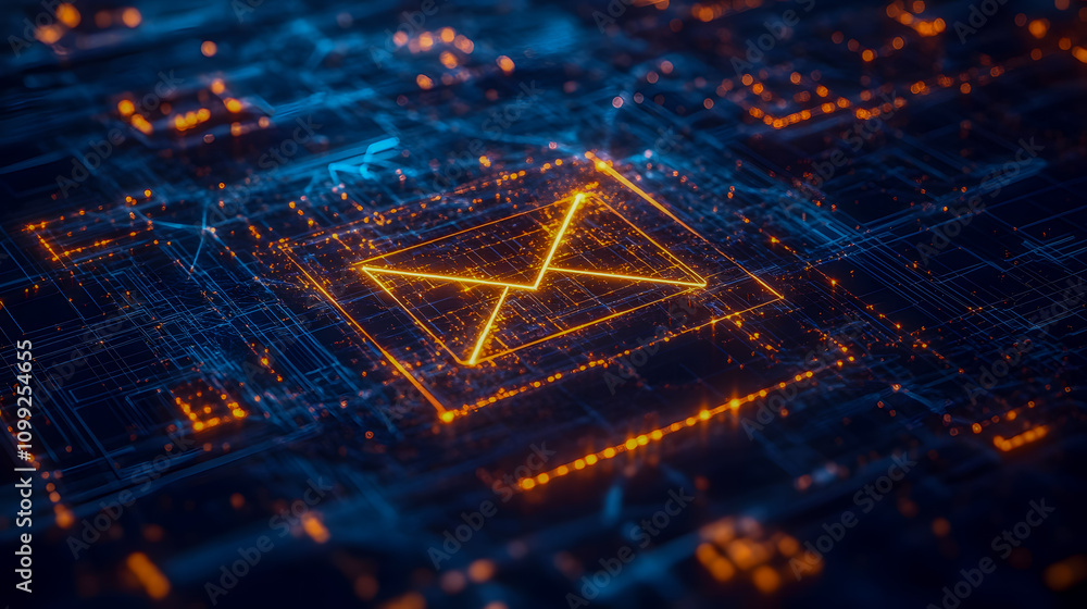 Poster futuristic digital email icon with glowing lines and circuit patterns in blue and orange colors repr