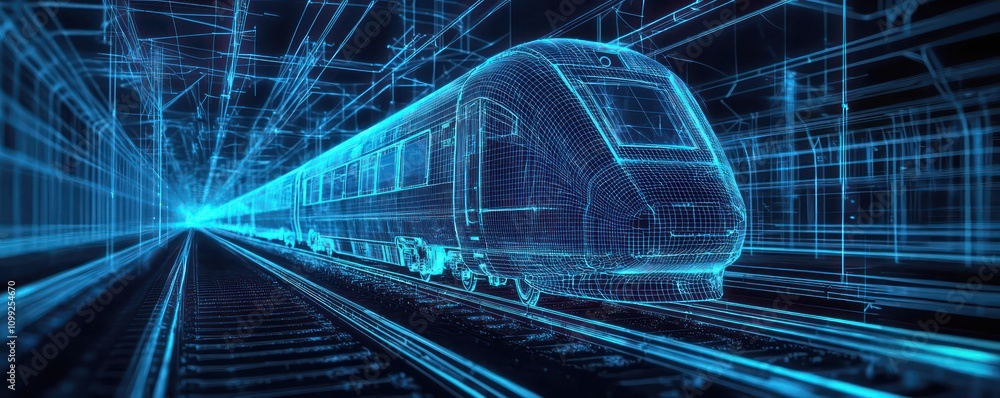 Poster train's streamlined architecture accentuated in a vivid blue wireframe.