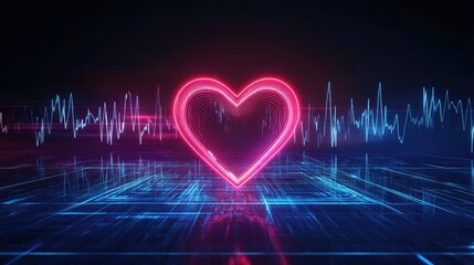 Neon Heart Symbol on Digital Background with Audio Waveform