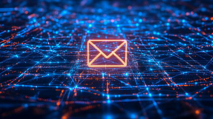 Obraz premium Bright Orange Email Icon Glowing Amidst a Digital Network with Blue and Orange Lights Representing Modern Communication and Connectivity
