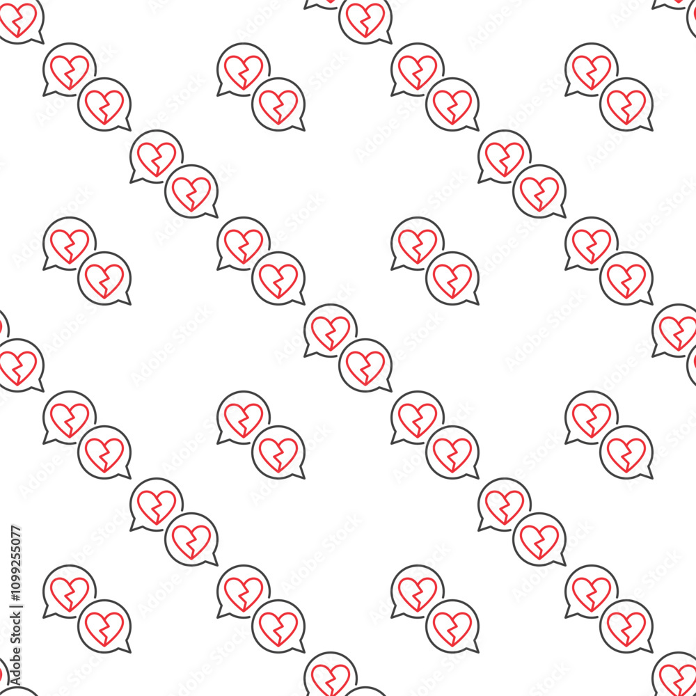 Poster broken hearts in speech bubbles vector romantic struggle seamless pattern in line style