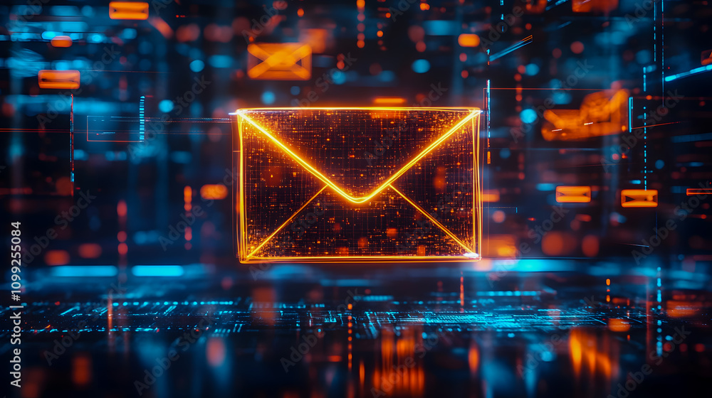 Poster digital email icon in futuristic data environment, cyber communication concept, network connection a