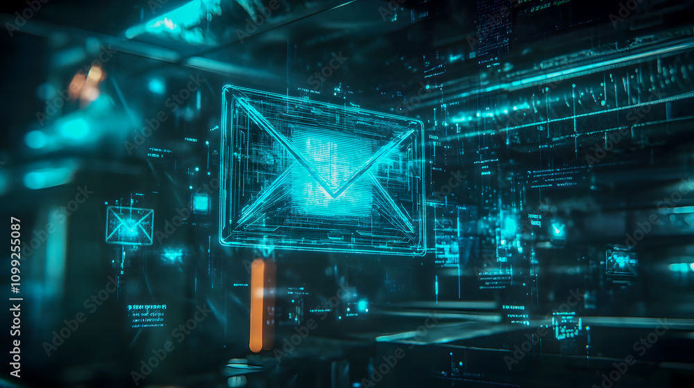 Poster futuristic digital communication concept with neon email icons and abstract data streams in a high-t
