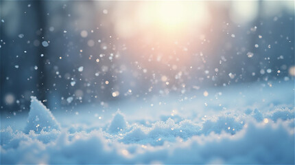 This is a landscape of a forest at sunset with snow falling.