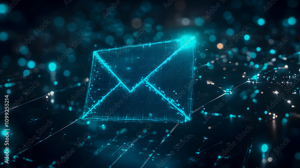 Poster futuristic digital email icon illuminated with neon light amidst a network of glowing binary code in