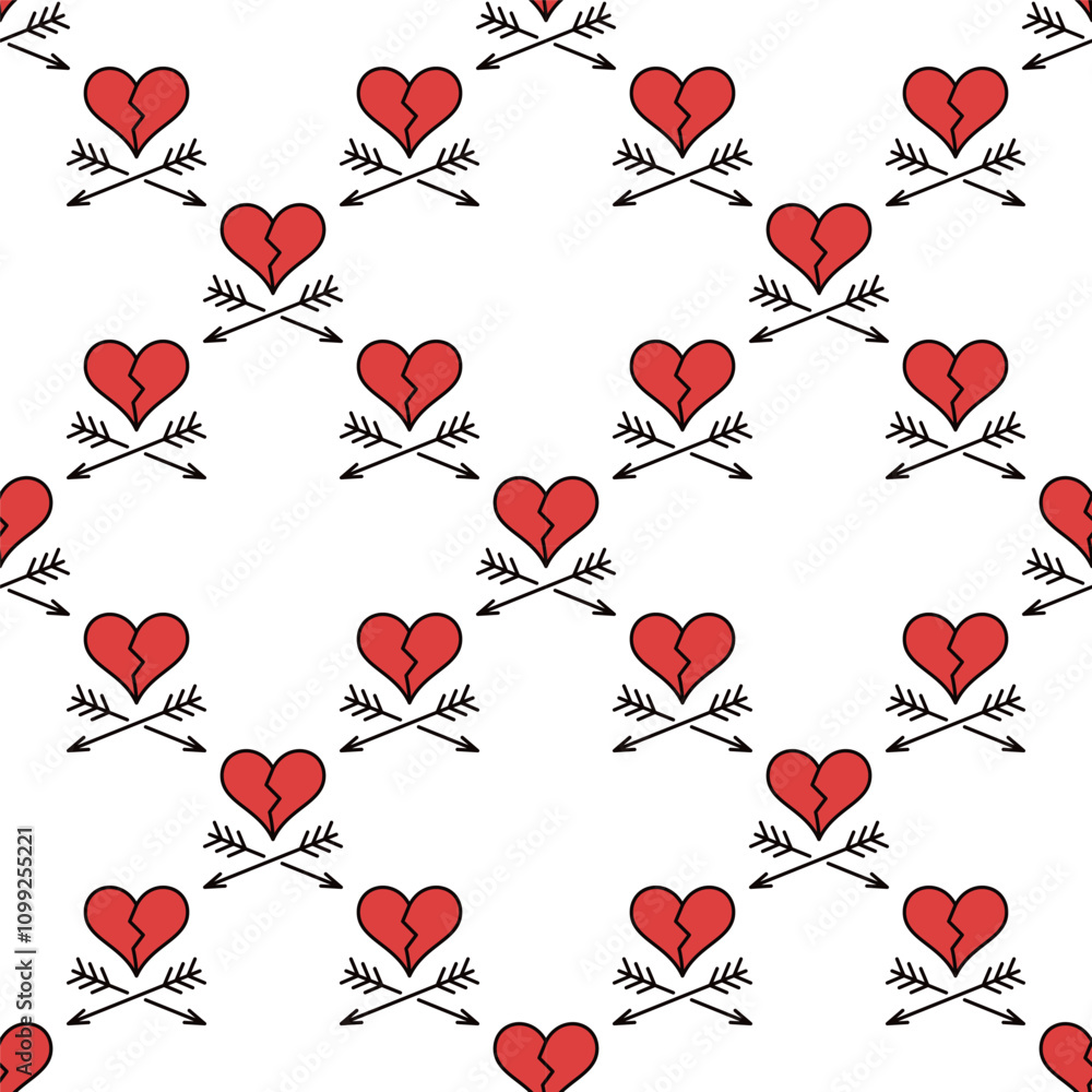 Poster broken heart with pair of arrows vector heart broken modern seamless pattern