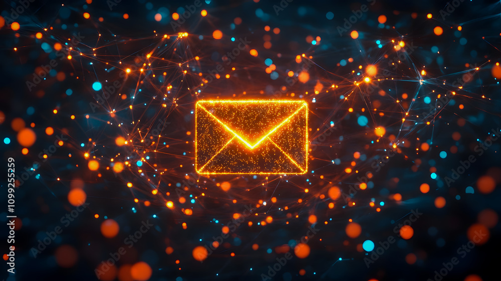 Poster abstract representation of digital communication with glowing envelope symbol surrounded by vibrant 