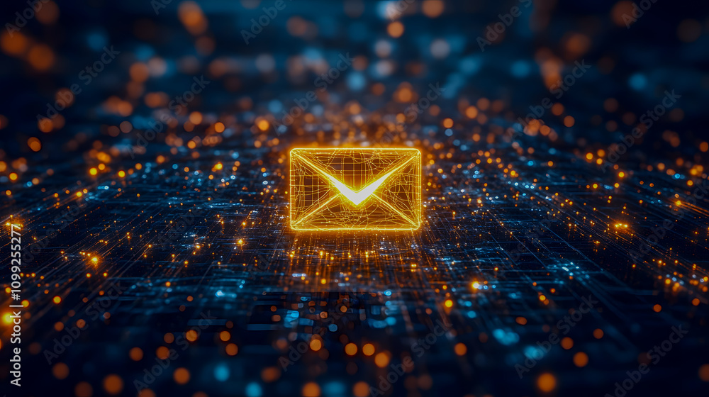 Poster futuristic digital email icon surrounded by glowing particles and data streams representing communic