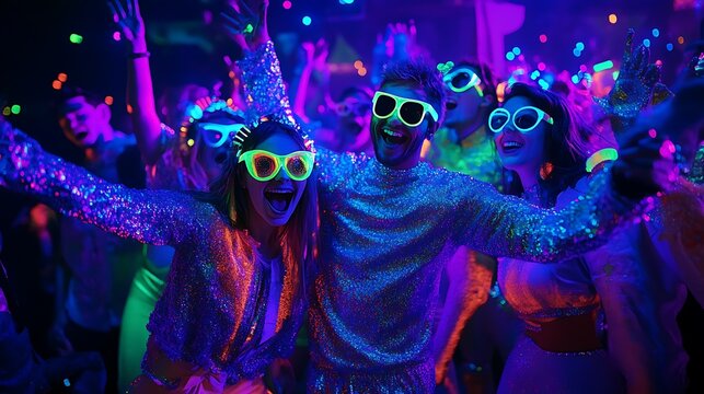 A vibrant New Year's party scene with guests wearing neon-colored attire and glowing accessories under blacklight 