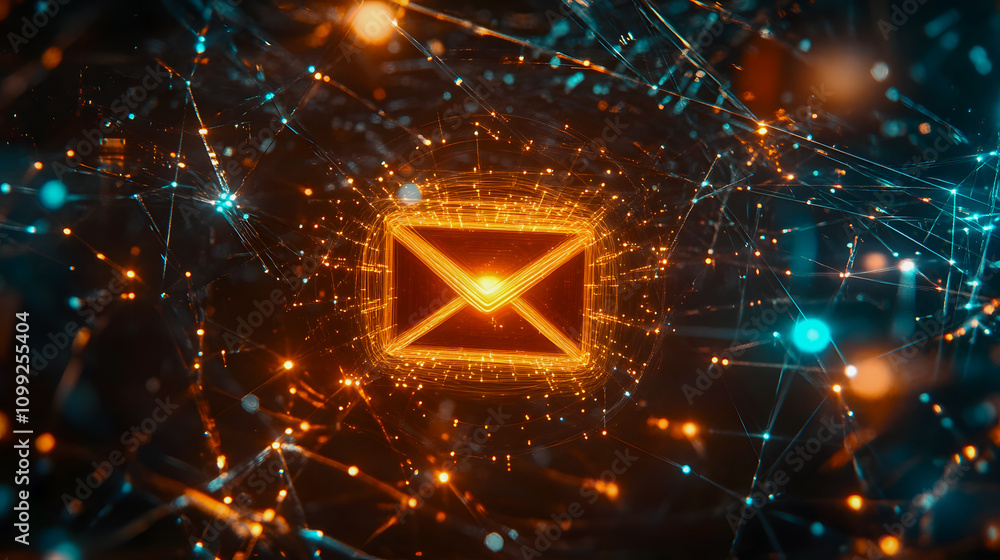 Poster digital communication concept with glowing email icon surrounded by abstract data connections and br