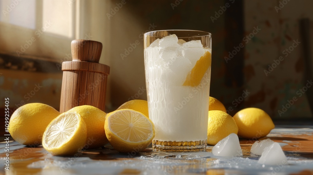 Poster Refreshing Lemonade with Fresh Lemons and Ice in Rustic Setting