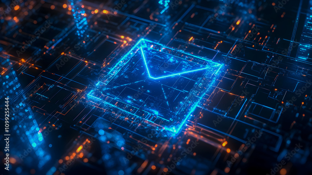 Poster futuristic digital mail icon in neon blue and orange with abstract circuit background for technology