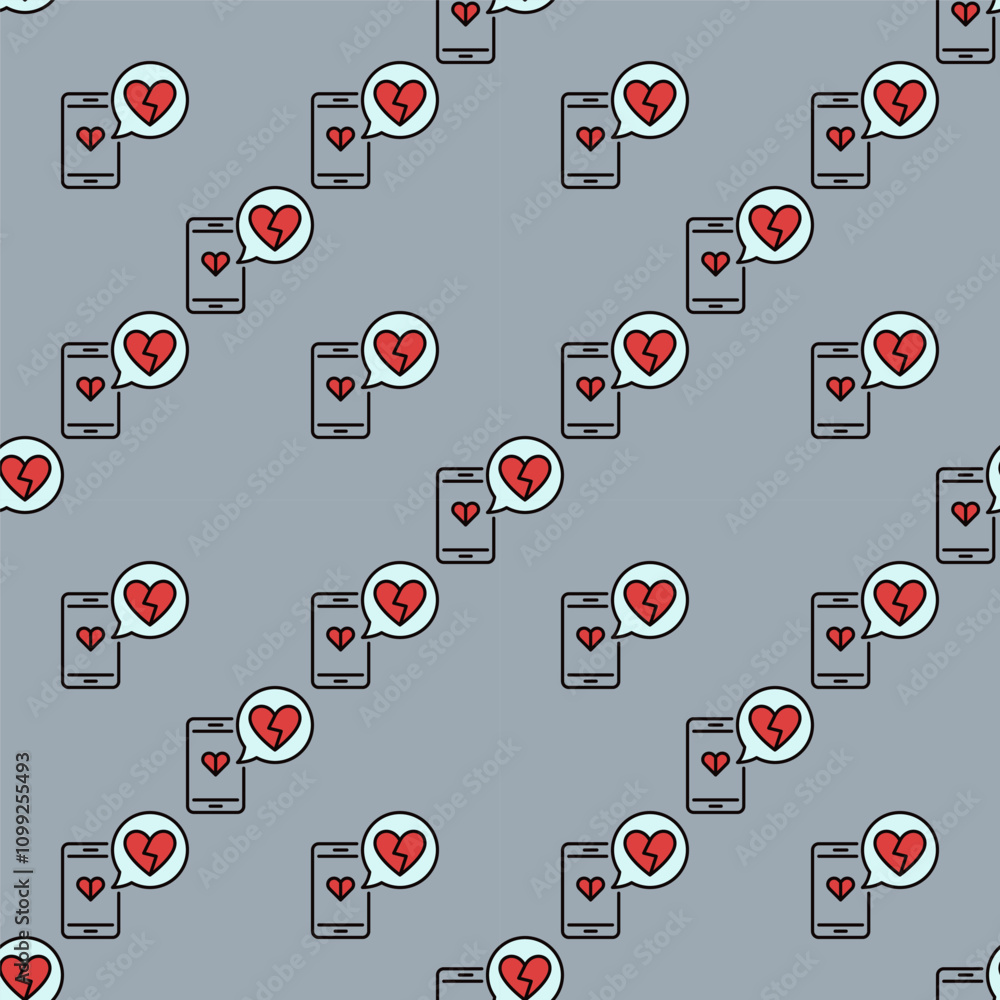 Poster phone and broken heart in speech bubble vector colored modern seamless pattern
