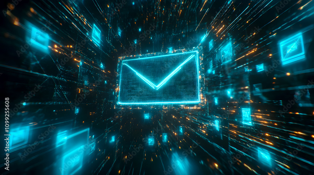 Poster futuristic digital mail concept visualization with glowing envelope and data streams representing co