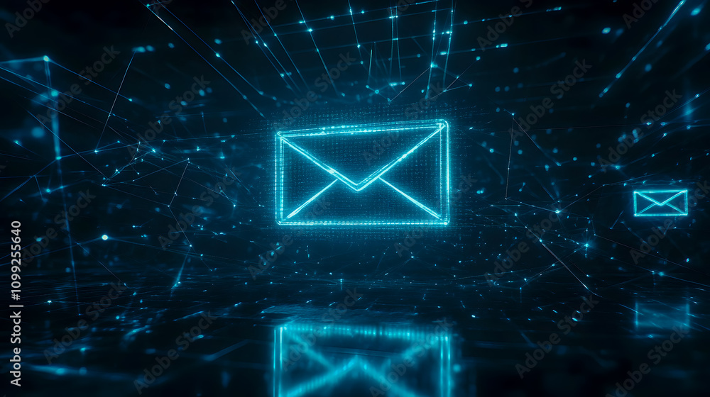 Poster futuristic digital communication concept with neon email icons and blue particle background in cyber
