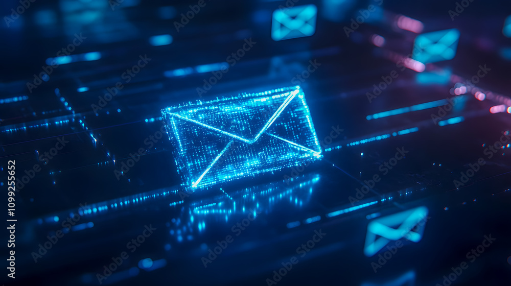 Poster futuristic digital communication concept with glowing email icon amidst abstract technology backgrou