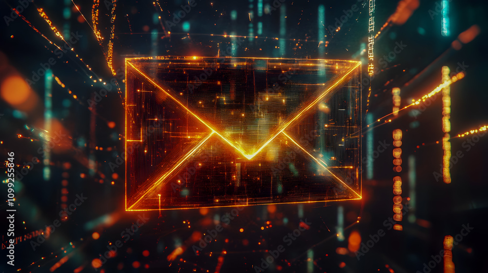 Poster digital representation of email symbol glowing in a futuristic matrix with blurred lights and partic