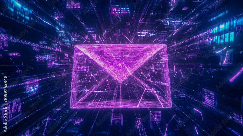 Poster digital email concept with abstract neon envelope surrounded by glowing data streams and technology 