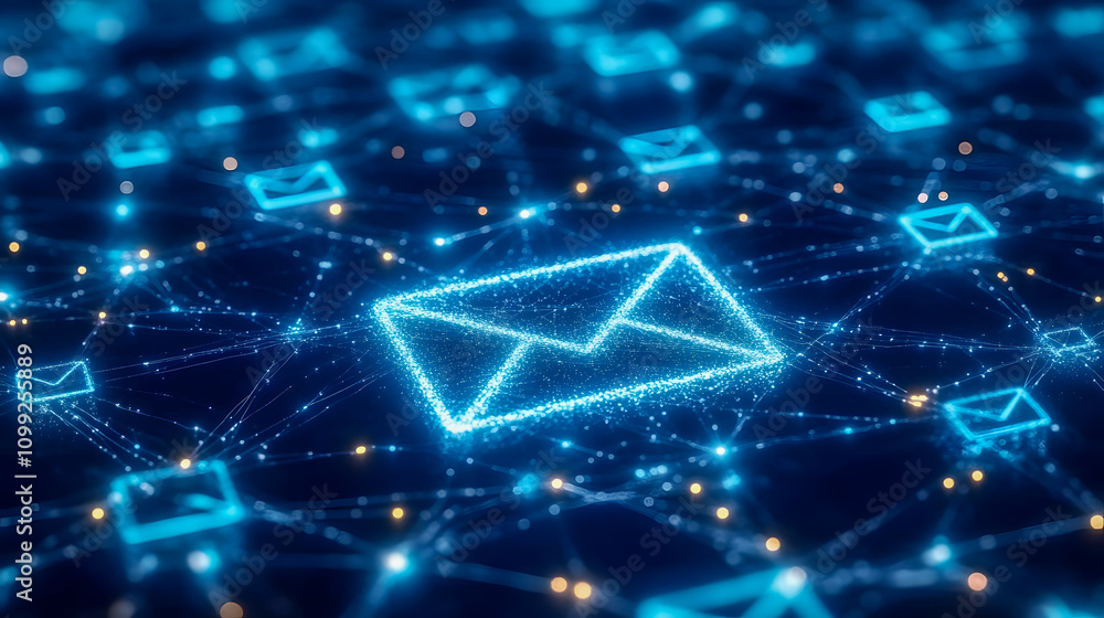 Aufkleber encrypted communication network with digital email icons symbolizing secure data transmission across