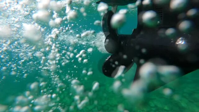 Boat propeller in operation. Slow motion