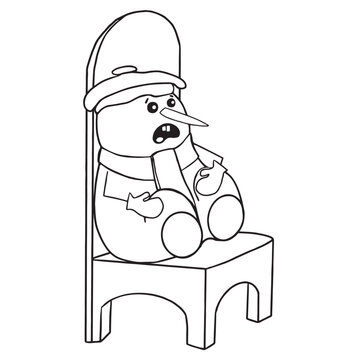 recommend clip art: Cute Snowman in a hat, scarf and mittens huddled on a large chair waiting for the New Year. New Year s card. Vector storybook for children. Vector clipart.