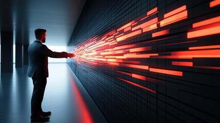 Businessman Interacting with Futuristic Digital Interface Displaying Red Data Streams in a Modern Workspace Setting