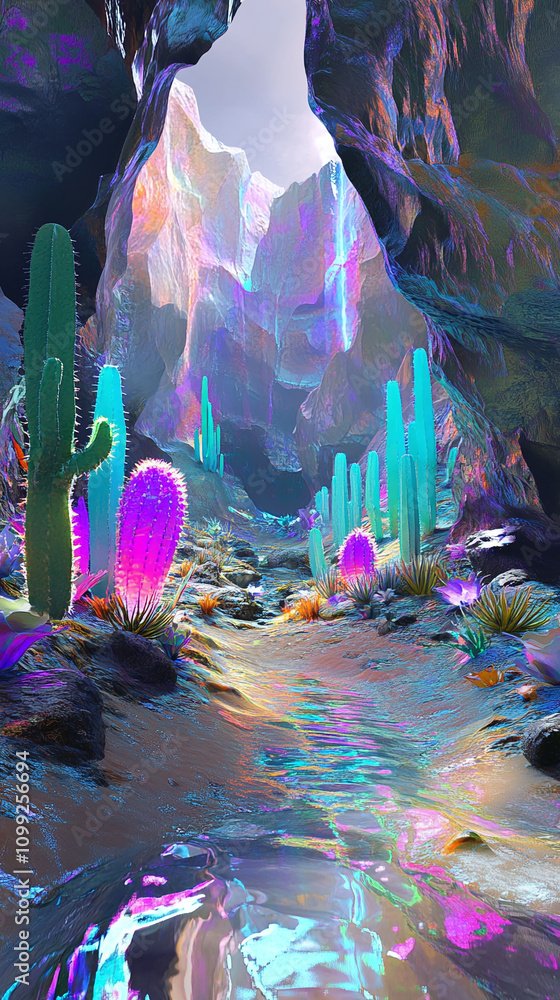 Poster a surreal desert with shifting sands of code and glowing cacti.
