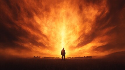 Fototapeta premium Silhouette of a man standing in a field at sunset, surrounded by a flock of sheep. Fiery orange and red sky.