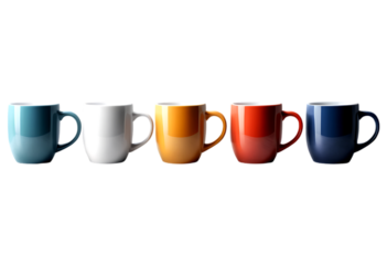 Five Colorful Ceramic Coffee Mugs in a Row Black Background Perfect for branding mockups