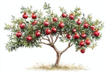 Obraz premium A vibrant pomegranate tree laden with ripe fruit, showcasing nature's beauty and abundance in a tranquil setting.