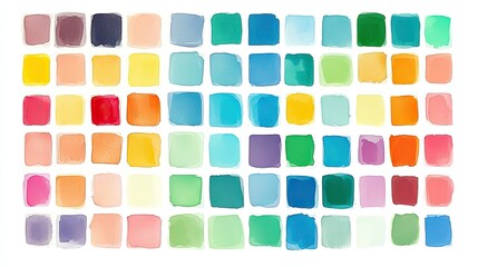 A grid of 64 color swatches designed for a bright spring palette, showcasing vivid hues like fresh coral, mint green, daffodil yellow, and sky blue. Each square is evenly arranged