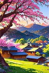 Fototapeta premium Anime style Japanese village , Japanese village ,anime style painting ai gen