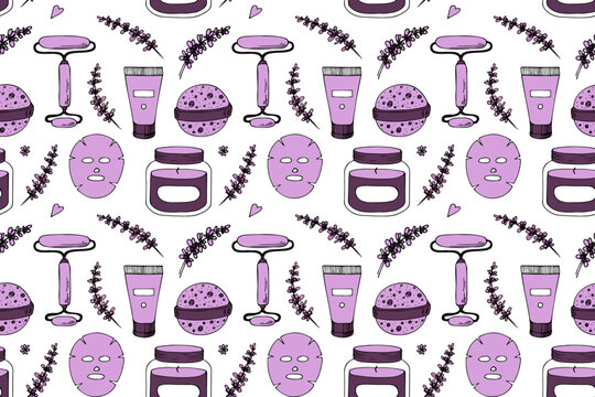 Seamless pattern of lavender cosmetics. Hand drawn spa items. Doodle herbs elements, oil, mask. Vector illustration sketch style.