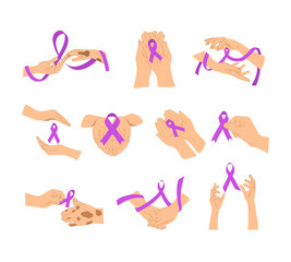 Hand with purple ribbon supporting leprosy day