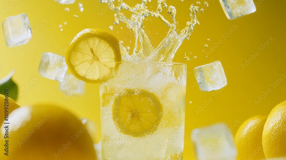 Poster refreshing lemonade splash with ice cubes on bright yellow background