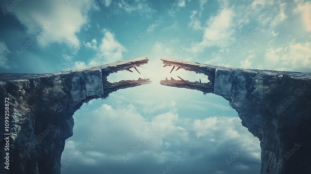 Poster a bridge partially collapsed in the middle, with two sides reaching out but not meeting, symbolizing