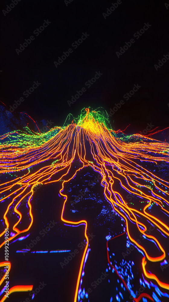Poster a virtual volcanic island with lava flowing in intricate neon patterns.