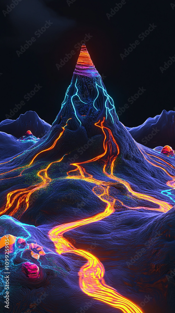 Poster a virtual volcanic island with lava flowing in intricate neon patterns.