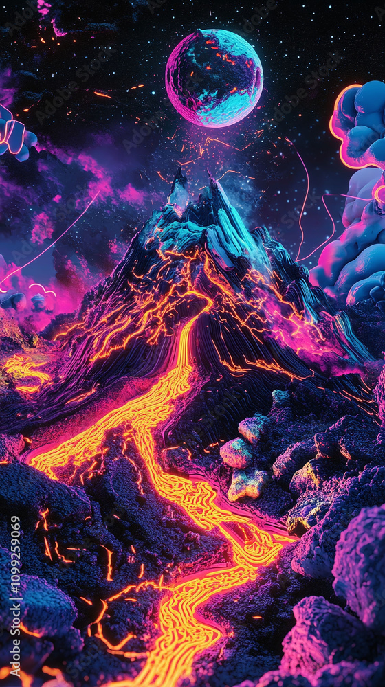 Poster a virtual volcanic island with lava flowing in intricate neon patterns.