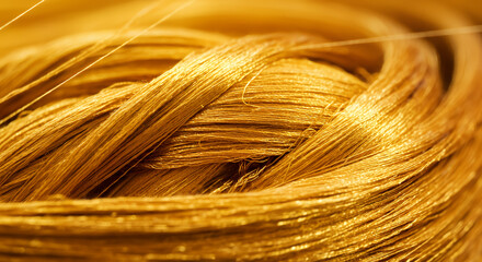 Close-up of Luxurious Golden Silk Thread, Rich Texture and Detail, Weaving, Textile Industry