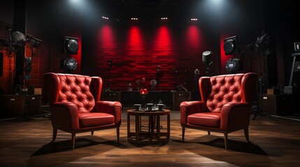 Studio interior for podcast and interview with two mics chairs setting