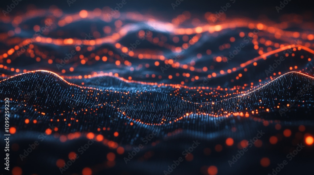 Aufkleber abstract digital wave form with glowing red and blue particles