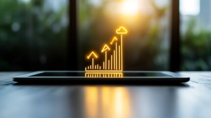 Digital tablet displaying glowing upward arrows signifying growth and progress in a modern business environment with blurred greenery in the background