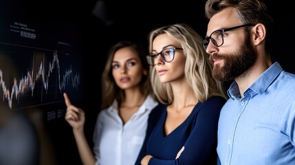Diverse Team of Professionals Analyzing Data Trends on Digital Screen in Modern Office Environment with Focused Expressions and Engaging Discussion