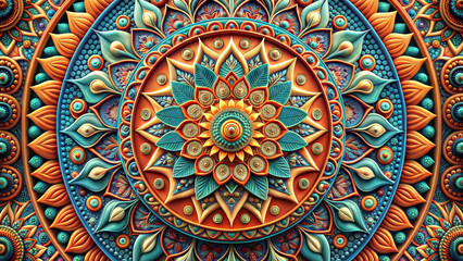 Intricate mandala design, mandala pattern orange blue color