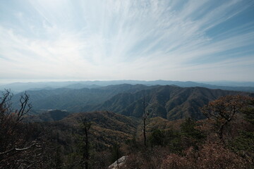 대한민국 한반도 태백산맥의 산봉우리 정상에서 바라본 푸른 하늘의 구름과 가을 낙옆 단풍 나무숲 능선의 광활하고 시원한 풍경 배경화면