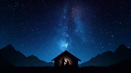 Silhouetted figures in a manger under a breathtaking night sky filled with stars and the Milky Way, creating a serene and spiritual scene.