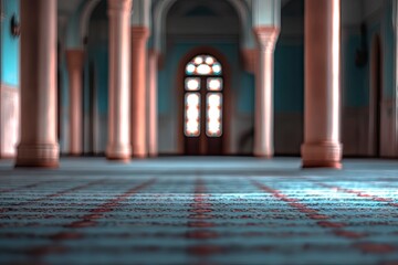 Mosque interiors with defocused pillars, windows, and doors, crafting an abstract backdrop. 